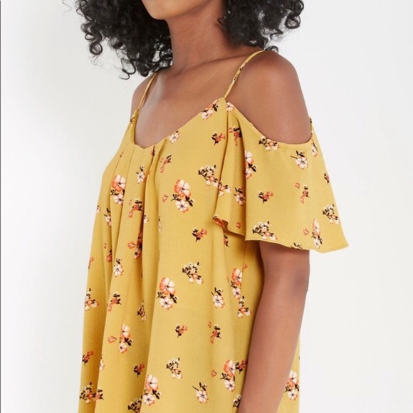Mustard Yellow Floral Print Cold Shoulder Top - Picture 2 of 5